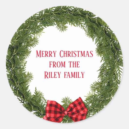 immergrüner Weihnachtskranz mit kariertem Bogen Runder Aufkleber (Vorderseite)