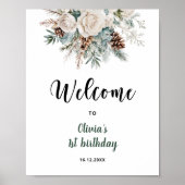 Immergrüner Winter Erster Geburtstag Willkommen Poster (Vorne)