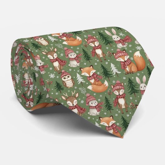 Immergrünes Weihnachts-Fuchs-Hirsch-Hase-Eule-Must Krawatte (Gerollt)