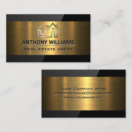 Immobilien-Anwesen | Gold gebürstet | Schwarzer Gl Visitenkarte (Vorne/Hinten)