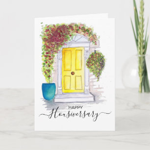 Immobilien Glückliches Hausiversum gelbe Tür Karte