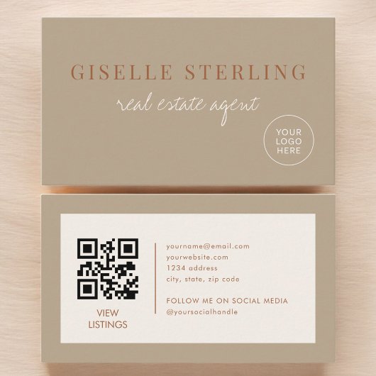 Immobilienmakler Beige Neutrales Logo QR-Code Visitenkarte