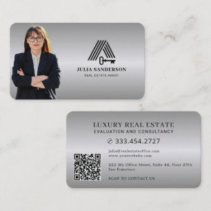 Immobilienmakler-Foto QR Faux-Silber-Metalloptik Visitenkarte