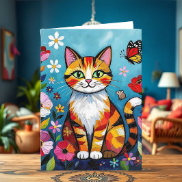 Impasto Cat, Flowers & Butterfly Birthday Karte