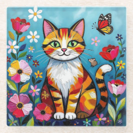 Impasto Cat, Flowers & Butterfly Glasuntersetzer