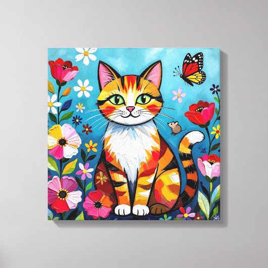 Impasto Cat, Flowers & Butterfly Leinwanddruck (Vorderseite)