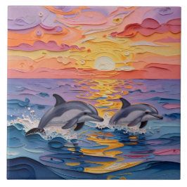 Impasto Dolphins and Ocean Waves Fliese