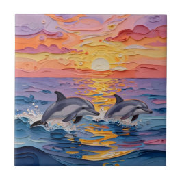 Impasto Dolphins and Ocean Waves Fliese