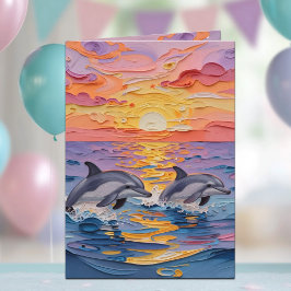 Impasto Dolphins and Ocean Waves | Happy Birthday Karte