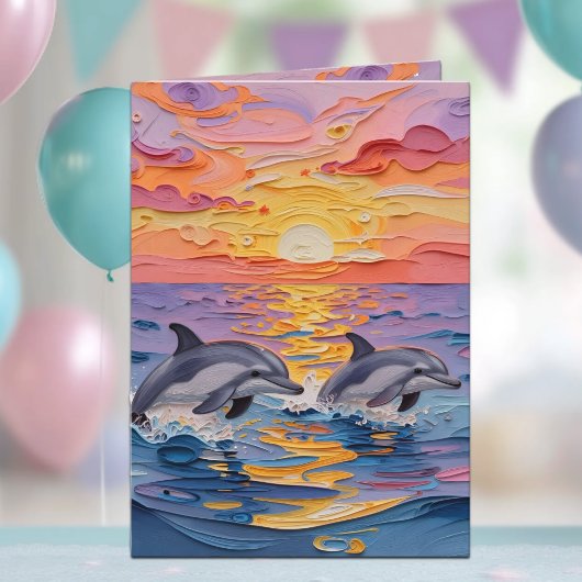 Impasto Dolphins and Ocean Waves | Happy Birthday Karte