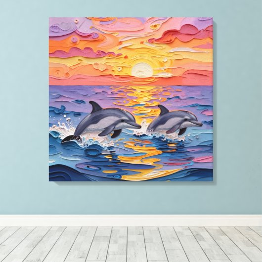 Impasto Dolphins and Ocean Waves Leinwanddruck (Insitu (Holzboden))
