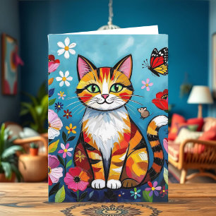 Impasto-Katze, Blumen & Schmetterling Geburtstag Karte
