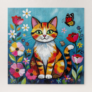 Impasto-Katze, Blumen & Schmetterling Geburtstag Puzzle