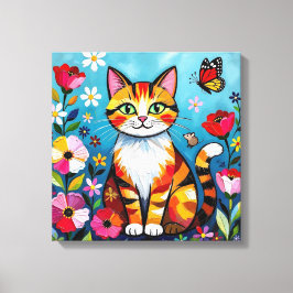Impasto-Katze, Blumen & Schmetterling Leinwanddruck