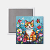 Impasto-Katze, Blumen und Schmetterling Magnet (Vorderseite/Rückseite)