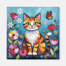 Impasto-Katze, Blumen und Schmetterling Magnet