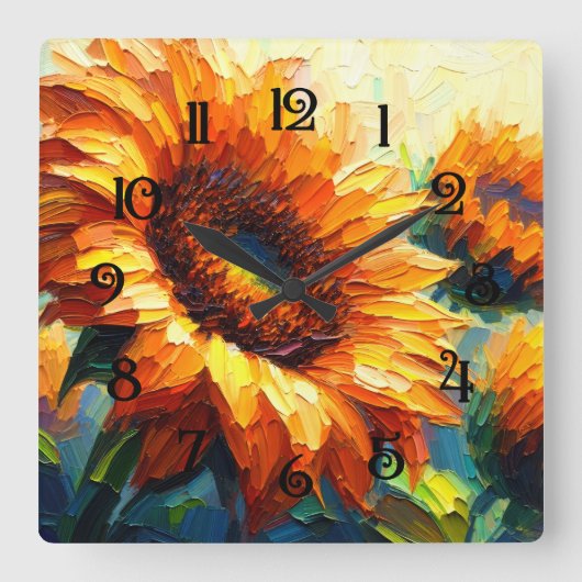 Impasto-Malerei auf Sonnenblumen Quadratische Wanduhr (Vorderseite)