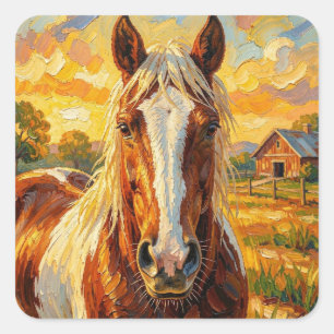 Impasto-Pferd auf einem Bauernhof   Quadratischer Aufkleber