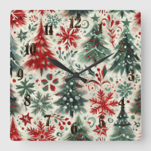 Impasto Red and Green Christmas Motifs Collage Quadratische Wanduhr
