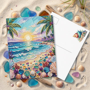 Impasto-Strand und Meeresglas   Hallo sagen Postkarte