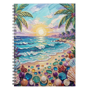 Impasto-Strand und Meeresglas-Sonnenuntergang und  Notizblock