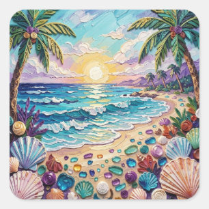Impasto-Strand und Meeresglas-Sonnenuntergang und Quadratischer Aufkleber