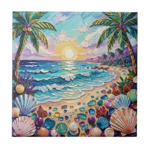 Impasto-Strand und Meeresspiegel-Sonnenuntergang u Fliese