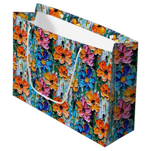 Impasto Style Blume in einem farbenfrohen Muster Große Geschenktüte (Vorderseite Schrägansicht)