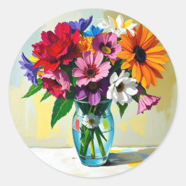 Impasto Style Vase der farbenfrohen Blume Runder Aufkleber