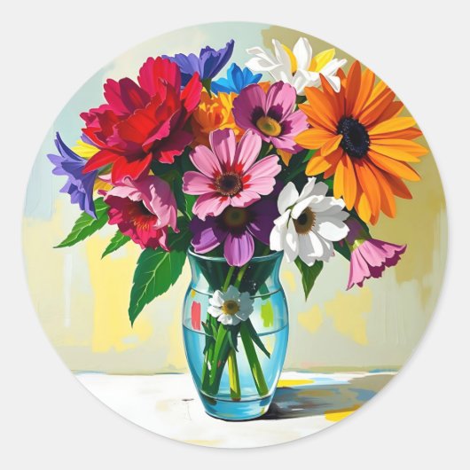 Impasto Style Vase der farbenfrohen Blume Runder Aufkleber (Vorderseite)