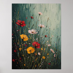 Impasto-Wildblumenwiese in Teal-Nebel Poster
