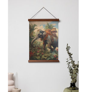 Imperialer Elefant & Goldener Pavillon Vintage-Bot Wandteppich Mit Holzrahmen