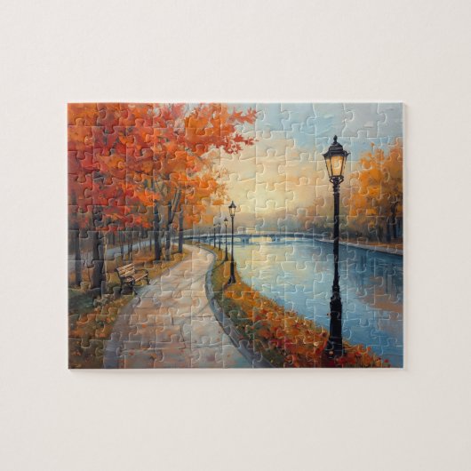 Impressionist Autumn River Walk Lamp Posts Puzzle (Horizontal)