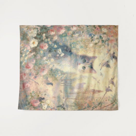 Impressionist Cat and Floral Tapestes Wandteppich (Vorderseite (Horizontal))