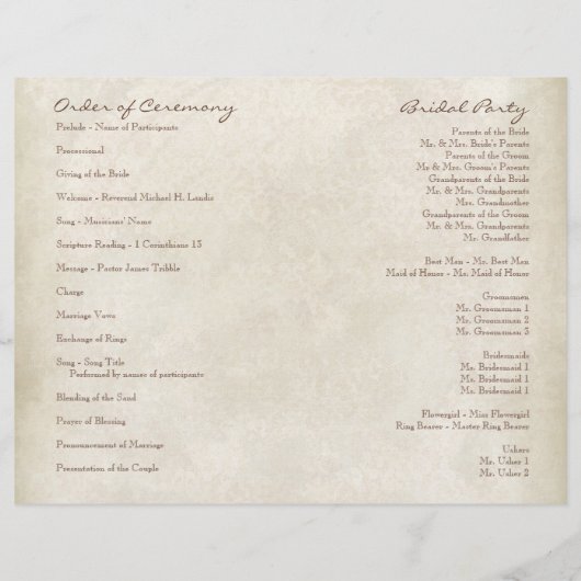 Impressionist Cream Pink Roses - Hochzeitsprogramm (Rückseite)