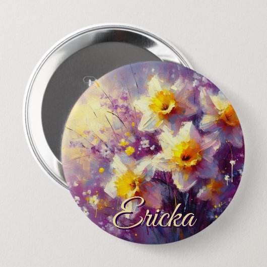 Impressionist Daffodil Floral Lila Personalisiert Button (Vorne & Hinten)