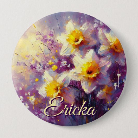 Impressionist Daffodil Floral Lila Personalisiert Button (Vorderseite)