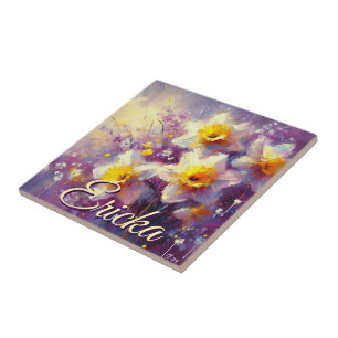 Impressionist Daffodil Floral Lila Personalisiert Fliese