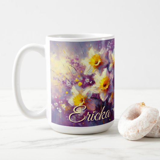 Impressionist Daffodil Floral Lila Personalisiert Kaffeetasse (Mit Donut)