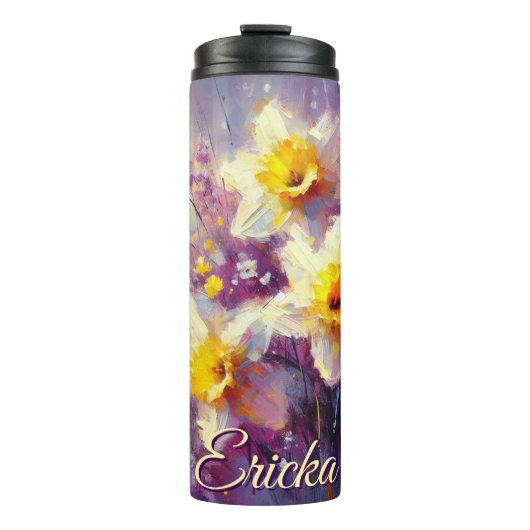 Impressionist Daffodil Floral Lila Personalisiert Thermosbecher (Vorderseite)