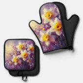 Impressionist Daffodin Lila Gelbe Kunst Ofenhandschuh & Topflappen-Set (Vorderseite/Rückseite)