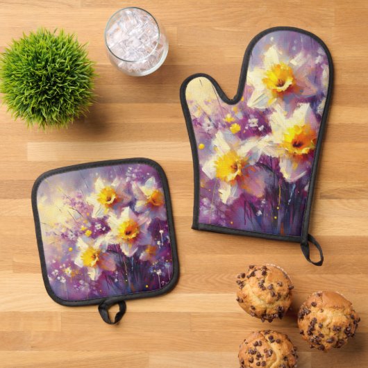 Impressionist Daffodin Lila Gelbe Kunst Ofenhandschuh & Topflappen-Set (Oben Unten)