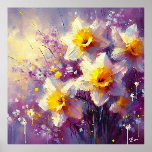 Impressionist Daffodin Lila Gelbe Kunst Poster (Vorne)