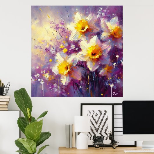 Impressionist Daffodin Lila Gelbe Kunst Poster (Heimbüro)