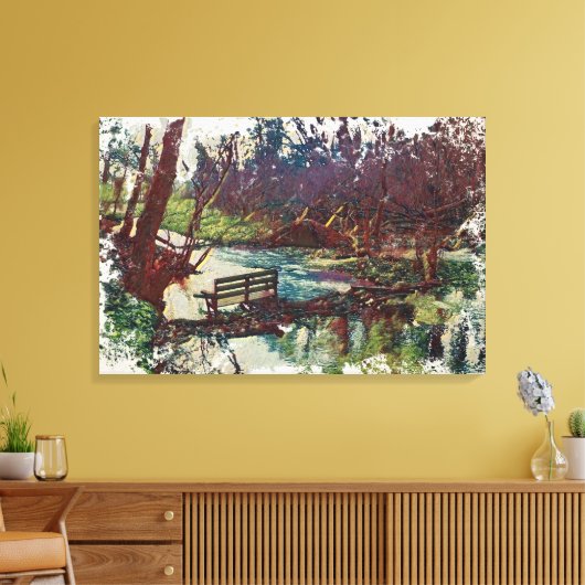 Impressionist Lakeside Bench at Willow Hall Dam Leinwanddruck (Insitu (Wohnzimmer))