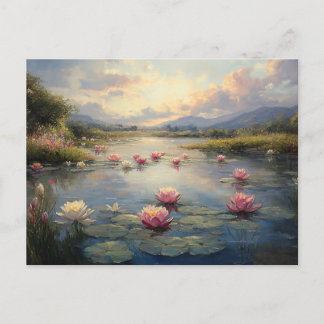 Impressionist Lily Pads on Pond Postkarte