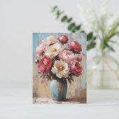 Impressionist Pink Blume Blue Vase Postkarte (Stehend Vorderseite)