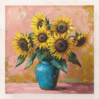 Impressionist Sonnenblumen in einer blauen Vase Glasuntersetzer