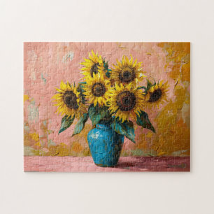 Impressionist Sonnenblumen in einer blauen Vase Puzzle