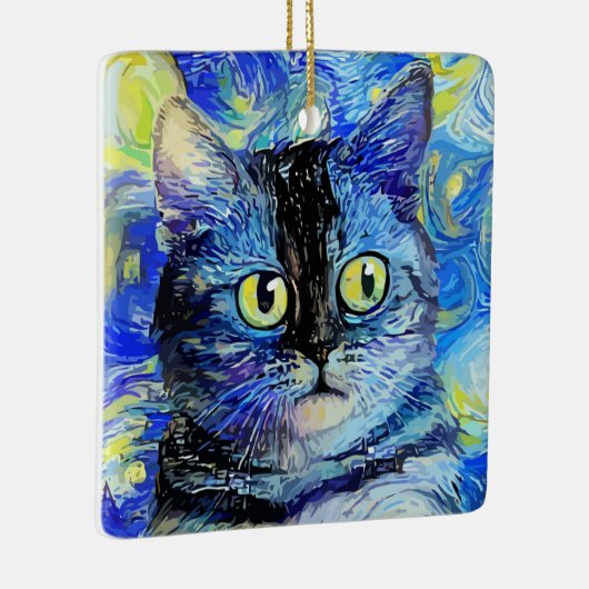 Impressionist Starry Night Tabby Cat Portrait Keramikornament (Rechts)